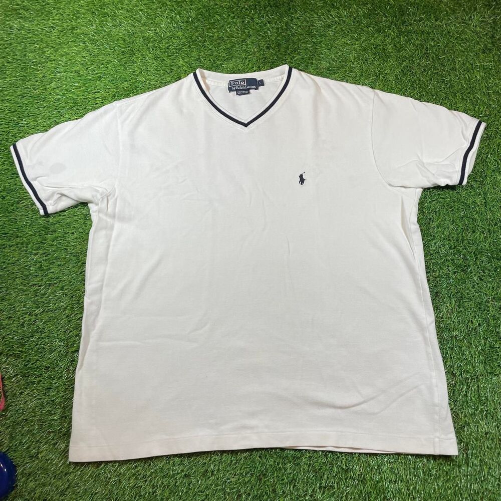 Vintage Polo Ralph Lauren white v neck shirt navy black trim collar and sleeves